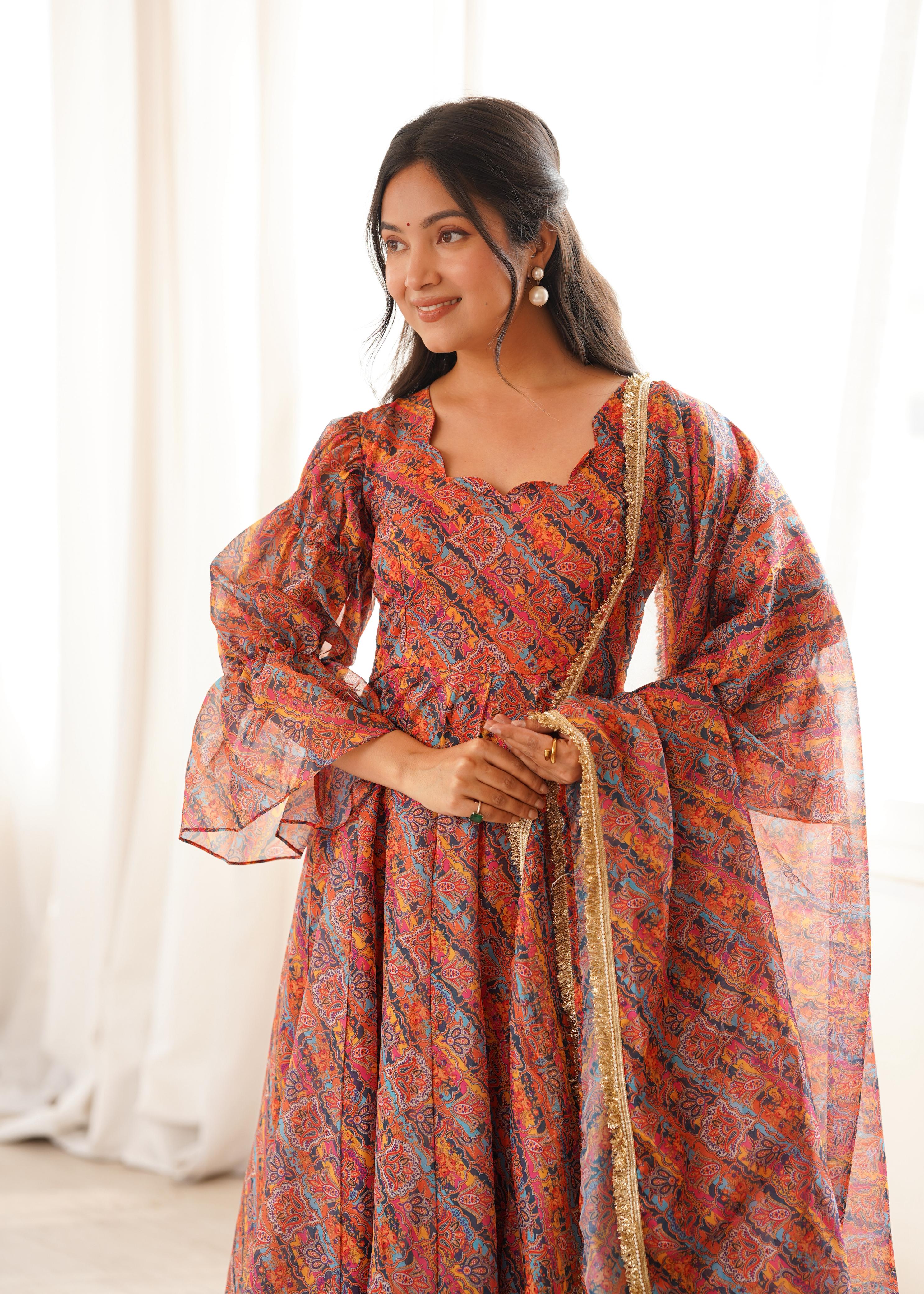 Traditional Printed Organza Gown Set Online