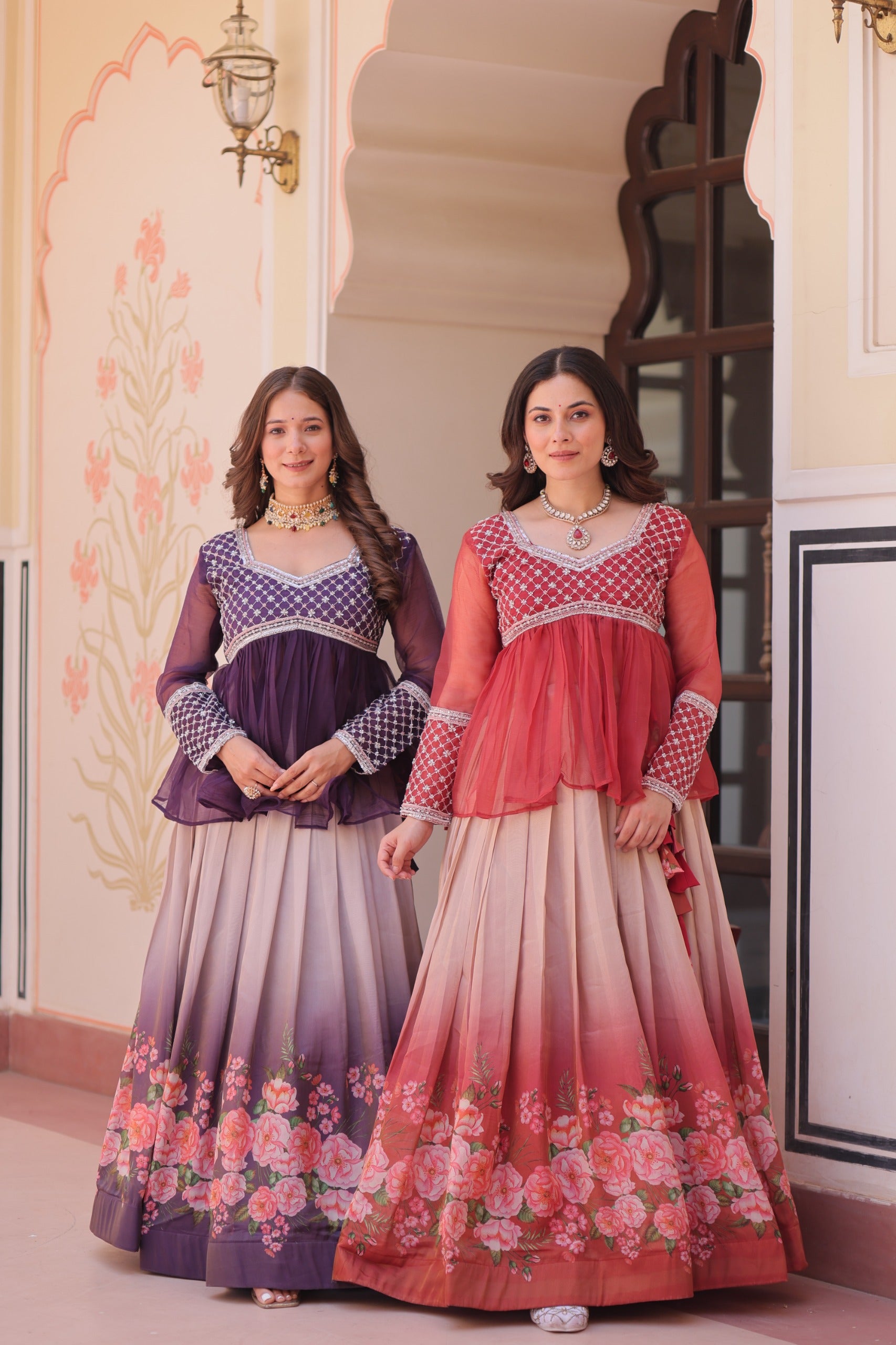 Full sleeves chiffon top with lehenga