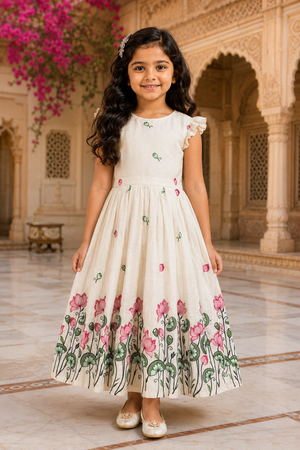 Lotus Embroidered Kora Cotton Kids Gown for Girls