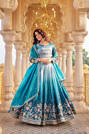 Teal Blue Gold Crush Lehenga Choli for Wedding
