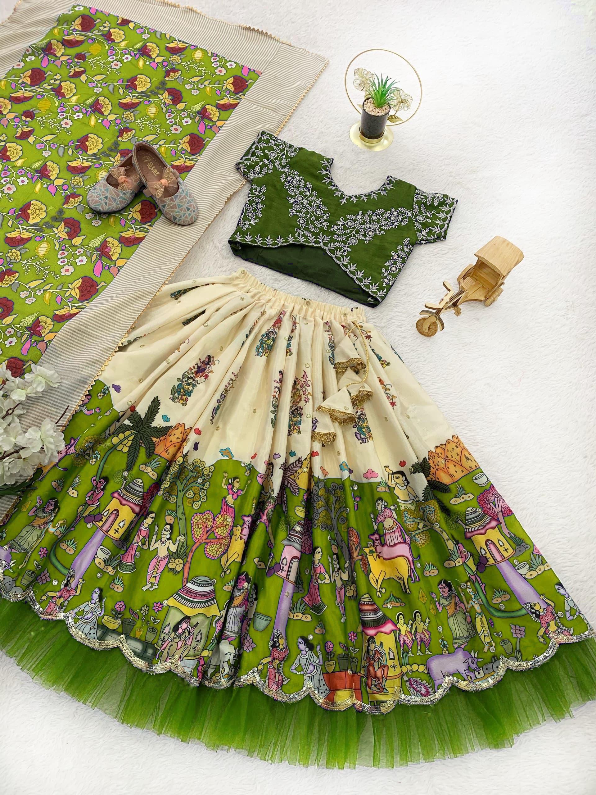 green Kalamkari Style Lehenga Choli with Sequin Embroidery for Girls