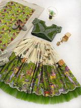 green Kalamkari Style Lehenga Choli with Sequin Embroidery for Girls