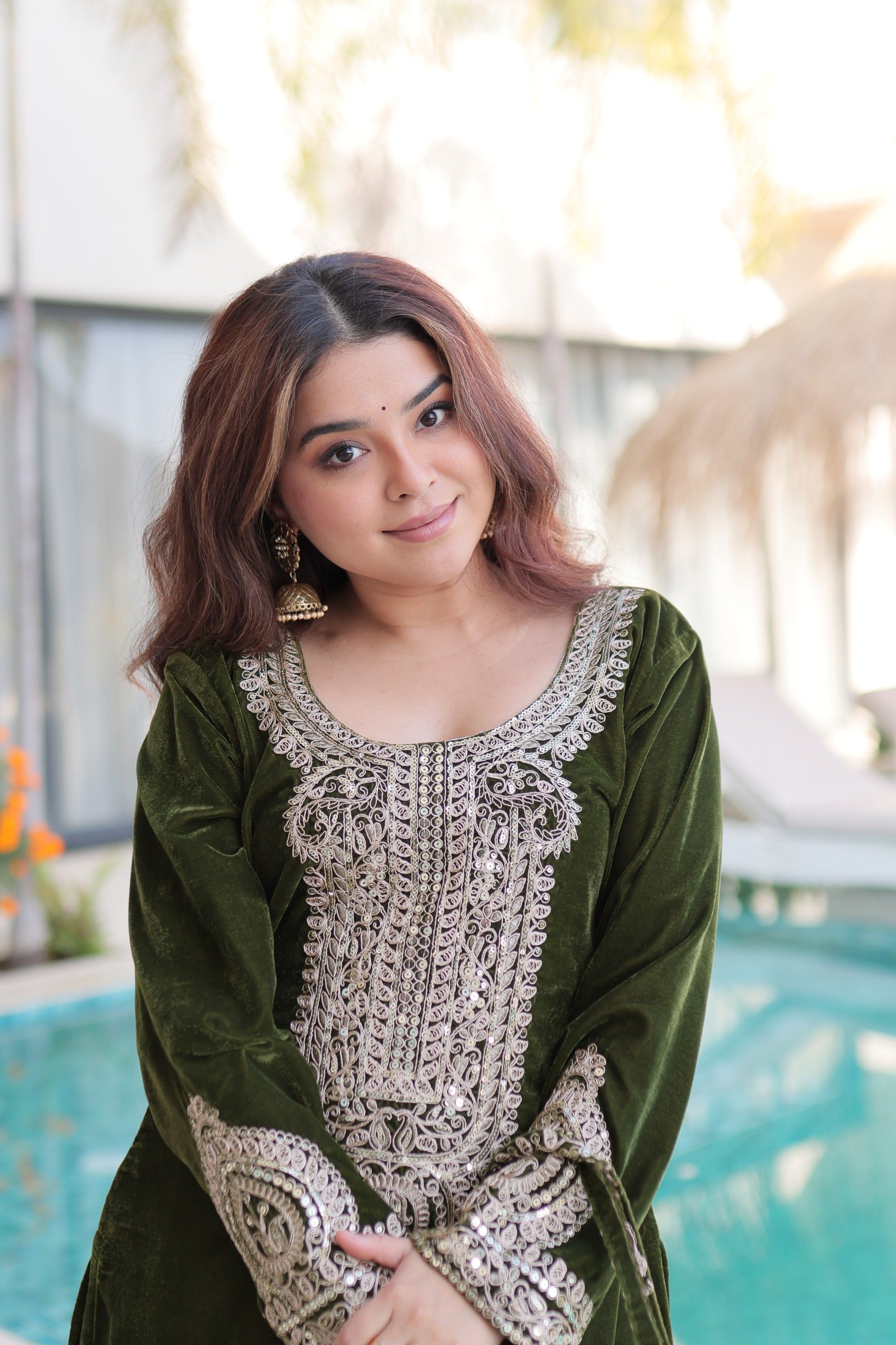 Traditional green velvet ethnic wear women