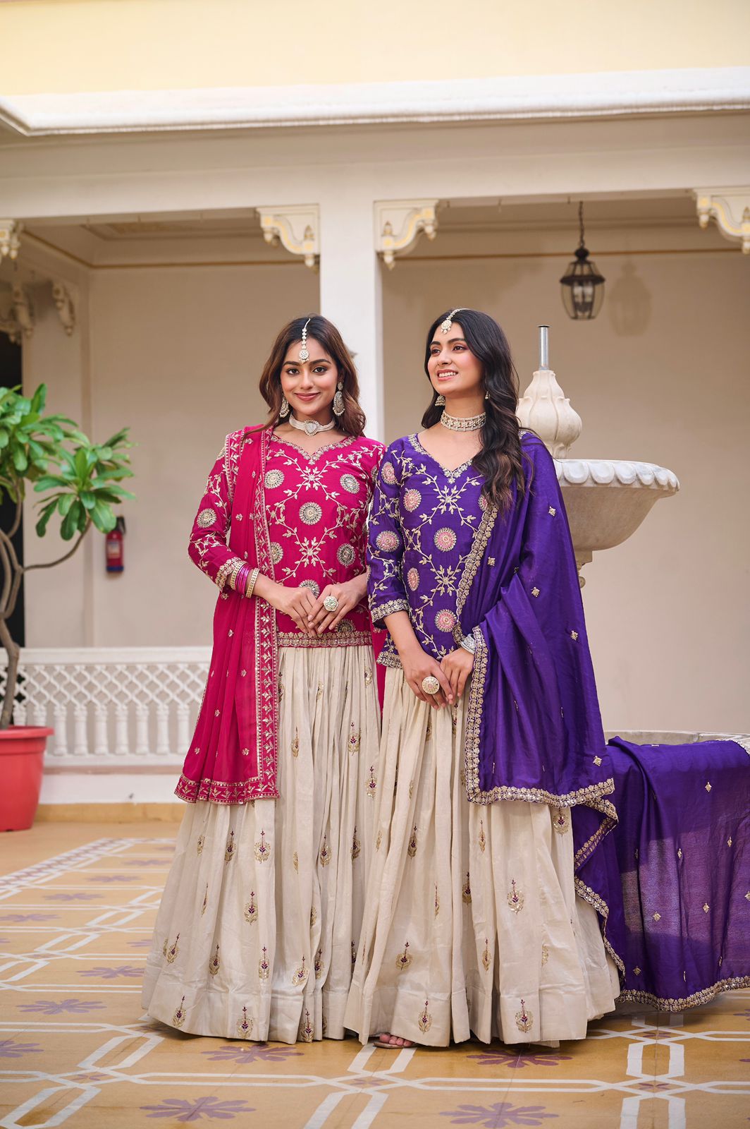 Pink chinon kurti with tissue silk lehenga and dupatta

