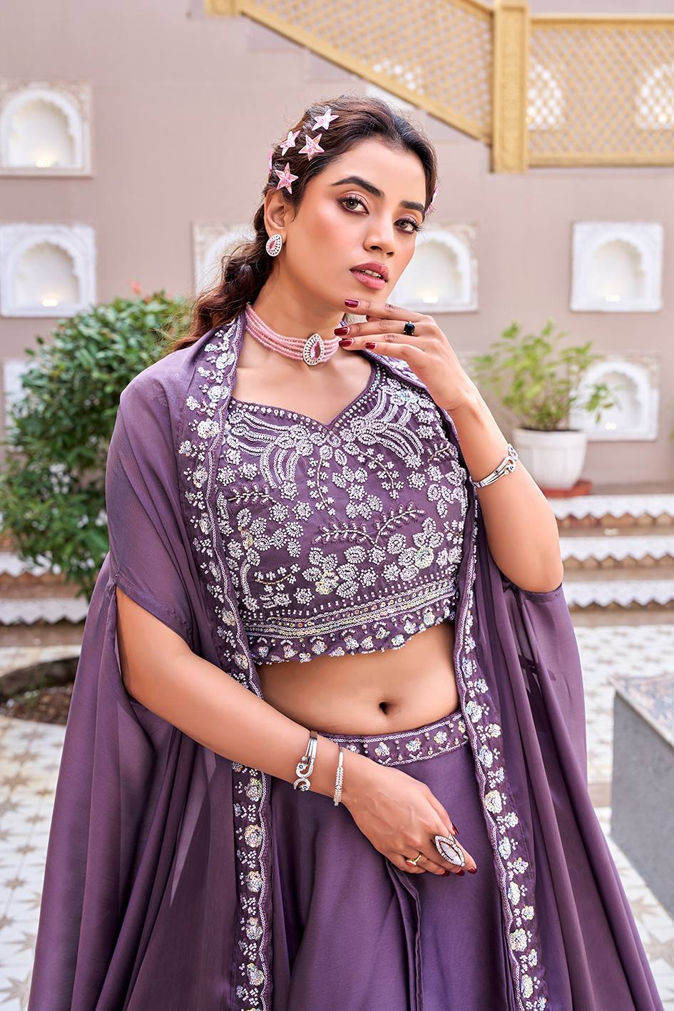 Elegant embroidered lehenga choli with moti beads and sequence work for bridal and party wear