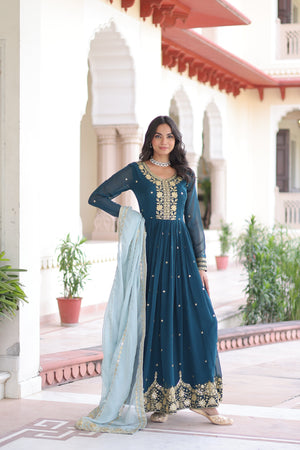 Wedding wear teal blue long gown with dupatta