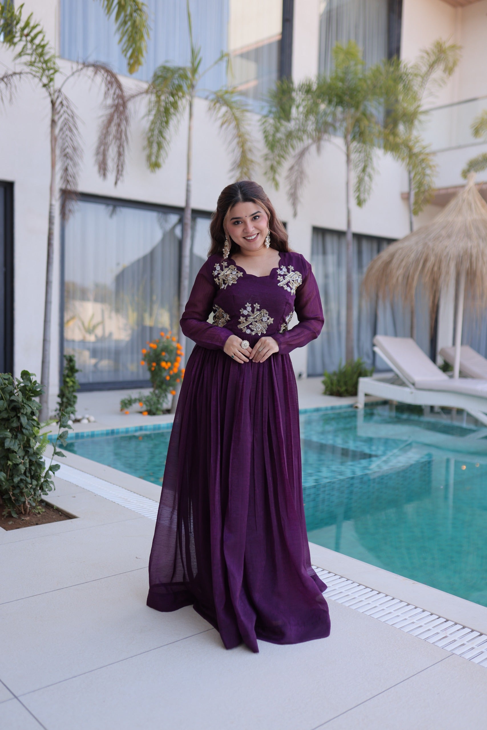 designer long sleeve party wear gown