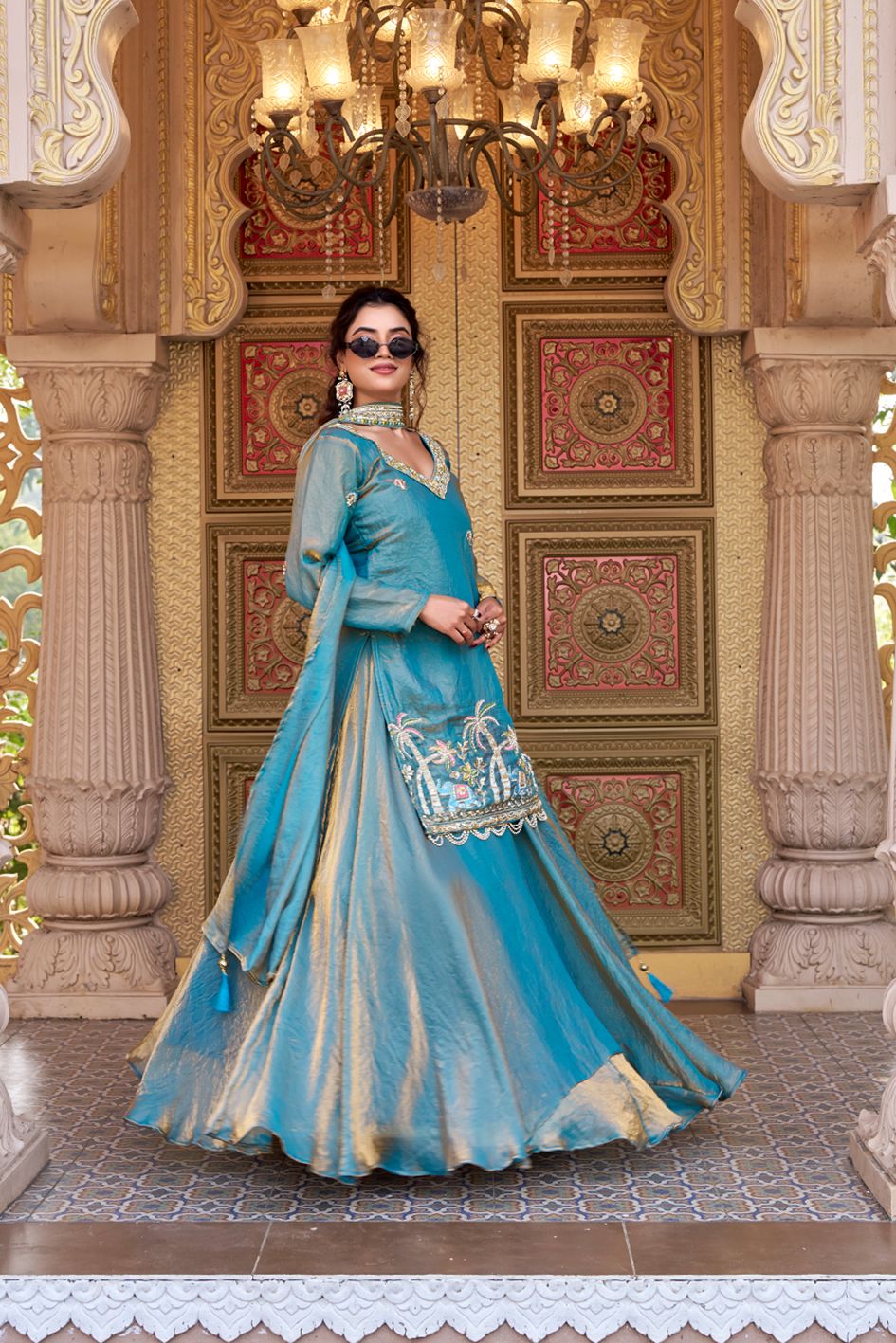 teal blue designer lehenga outfit