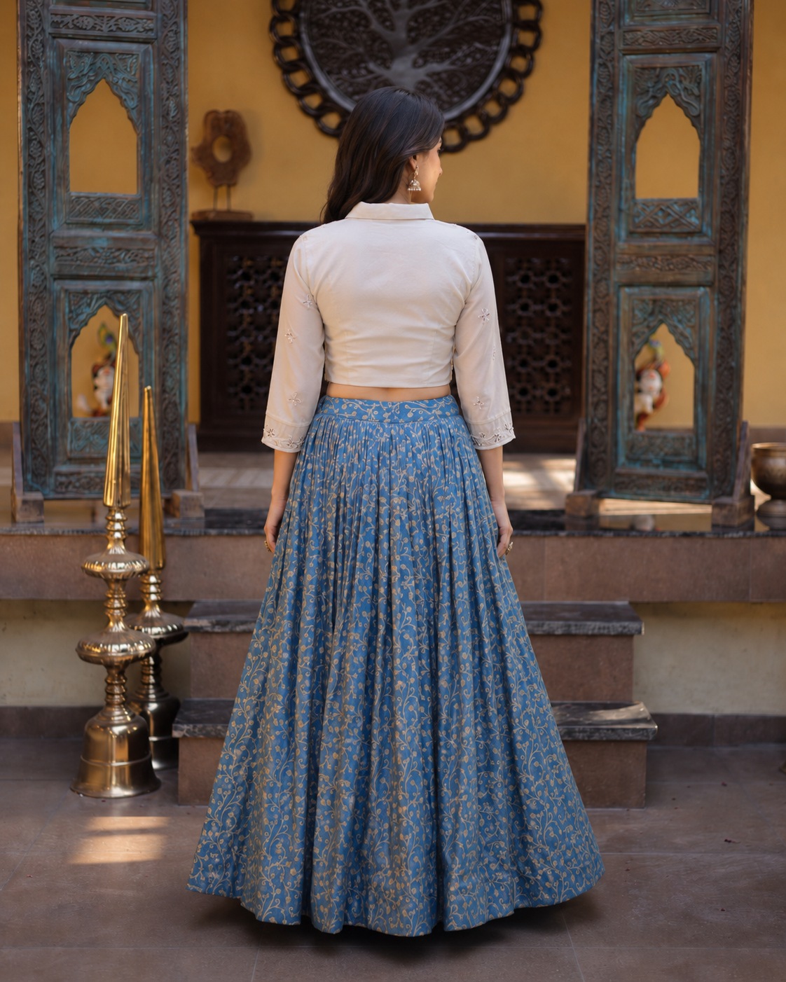 Royal blue lehenga with gold floral pattern