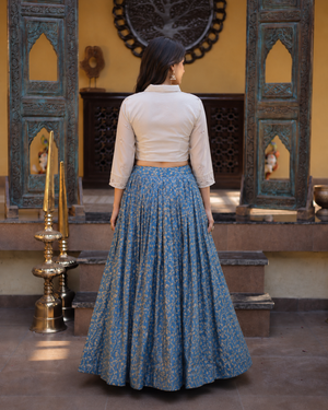 Royal blue lehenga with gold floral pattern