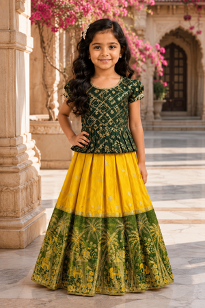 Yellow Green Kids Lehenga Choli with Zari Design Work