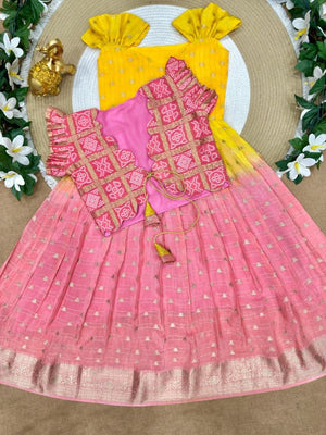 Traditional pink yellow kids ethnic wear