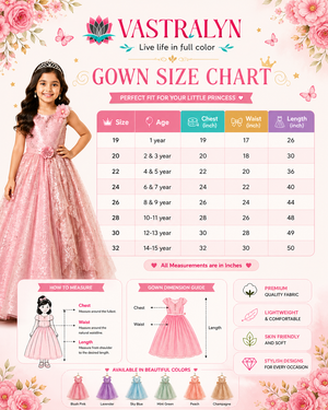 Vastralyn gown size chart with a young girl in a pink gown and floral decorations.