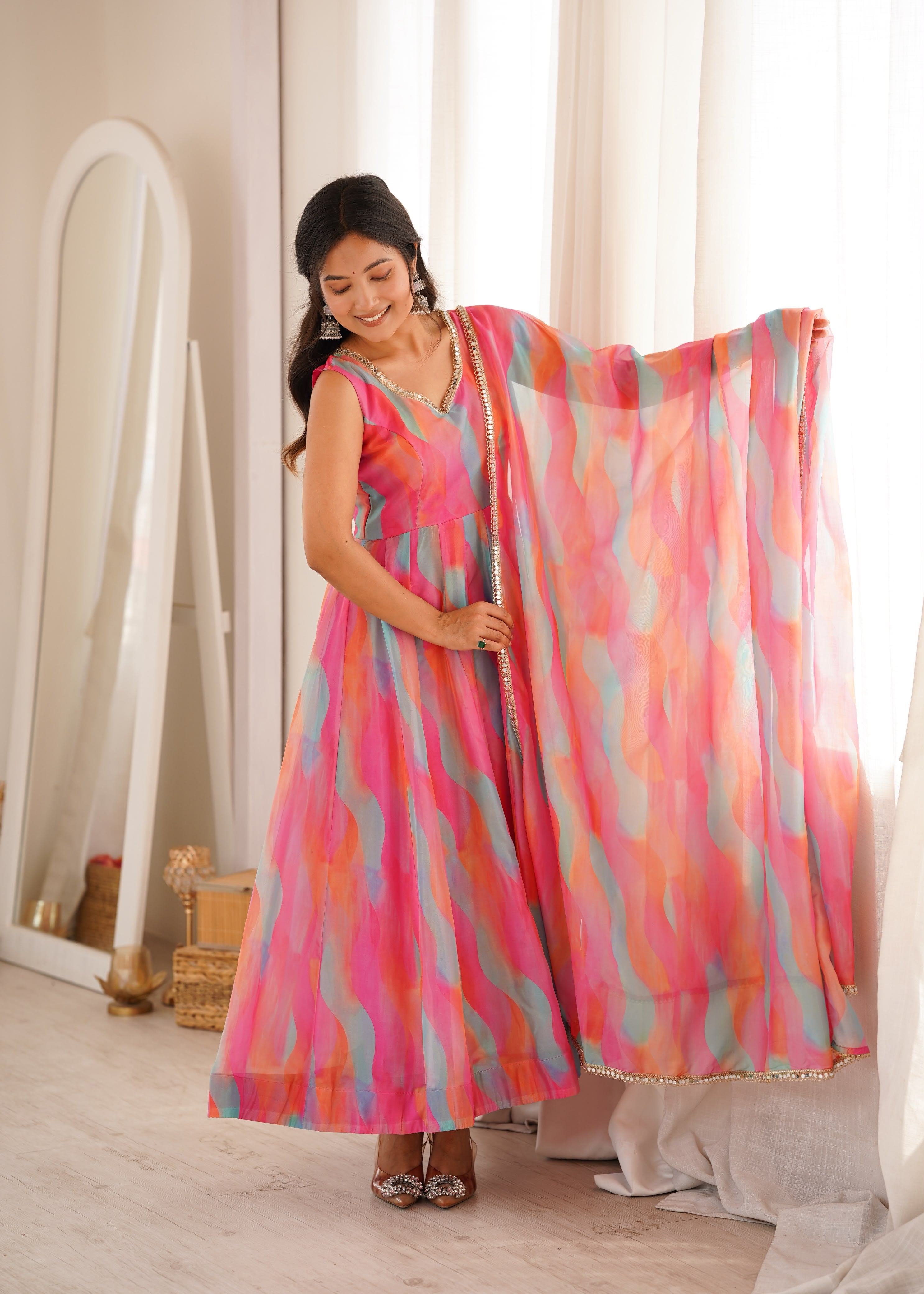 Women's Organza Party Wear Gown with Golden Mirror Lace