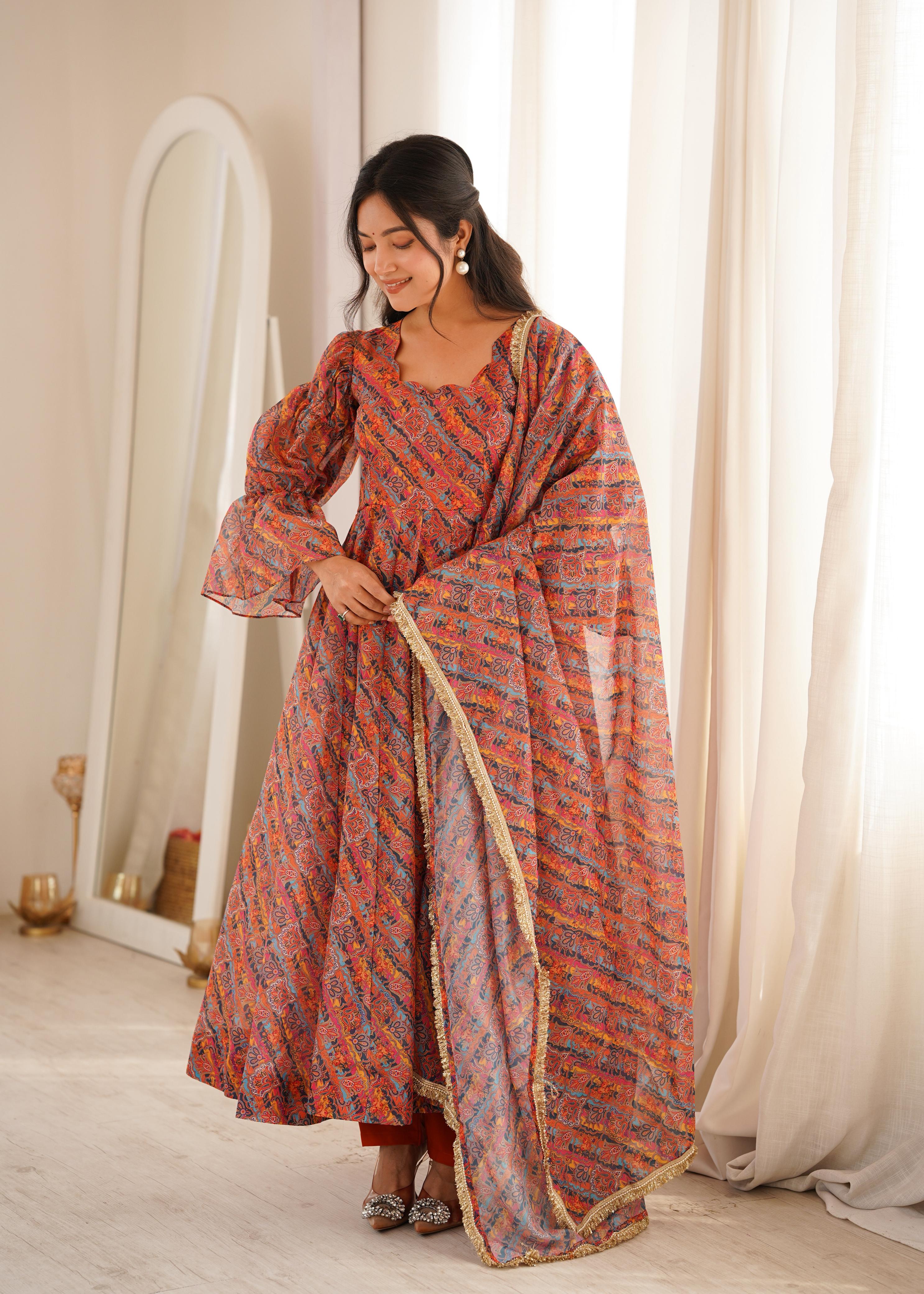 Elegant Rust Orange Ethnic Gown with Dupatta