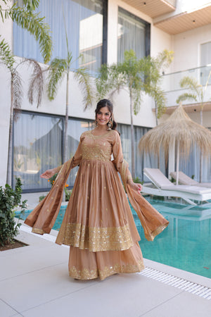 Stylish beige gold kurti sharara set