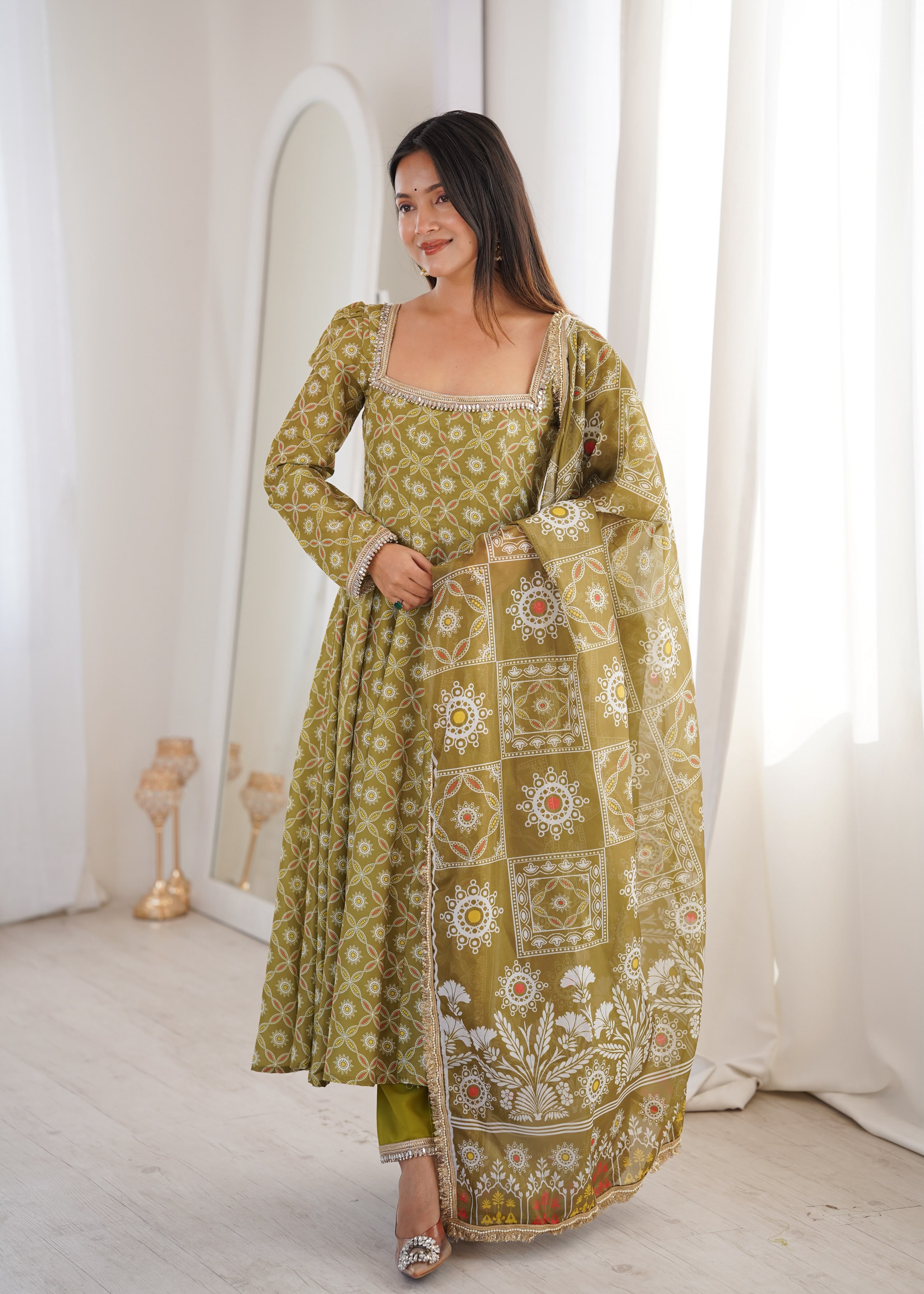 Olive green mirror lace gown online
