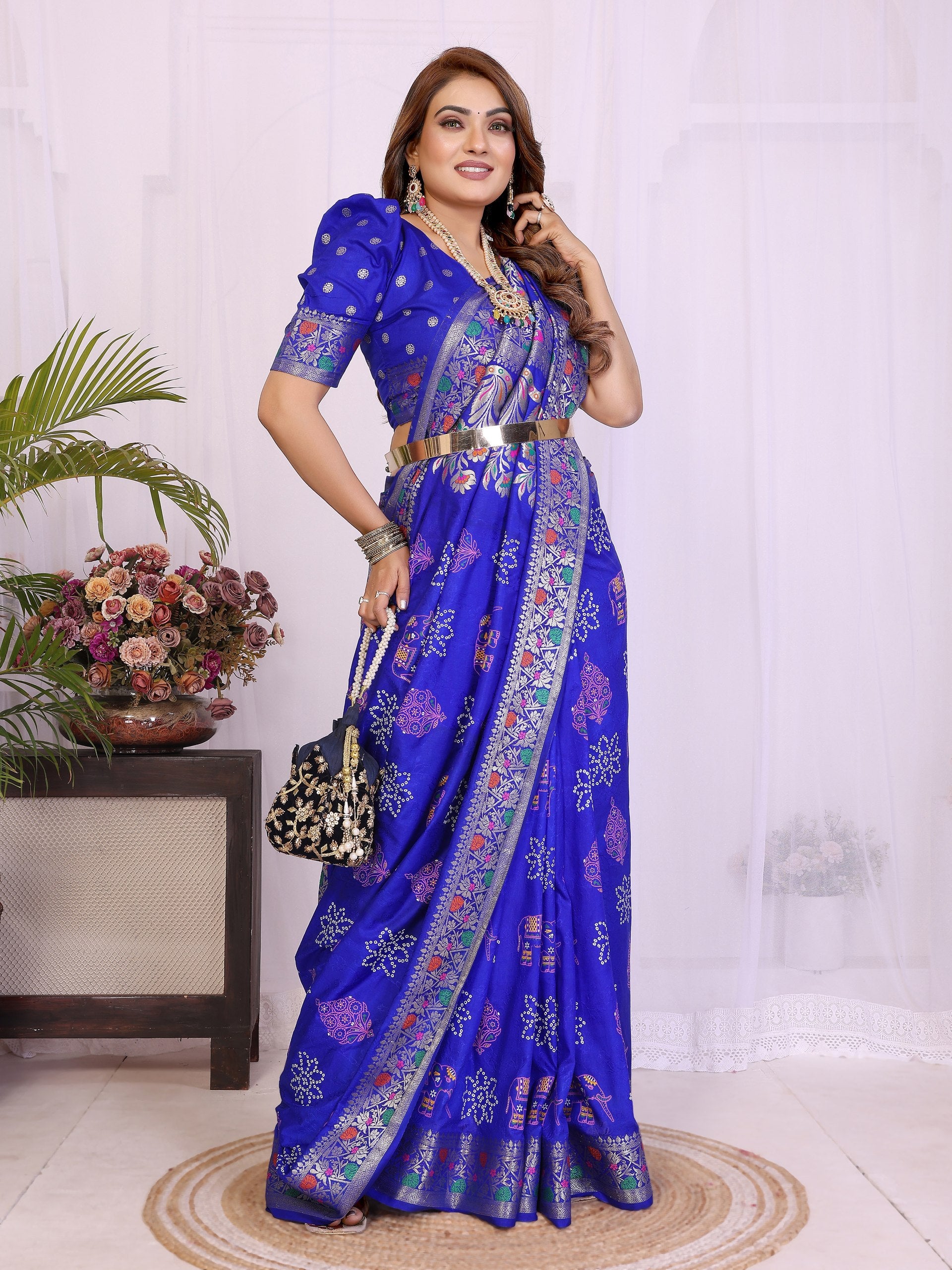 Latest Royal Blue Dola Silk Bandhej Designer Saree Online