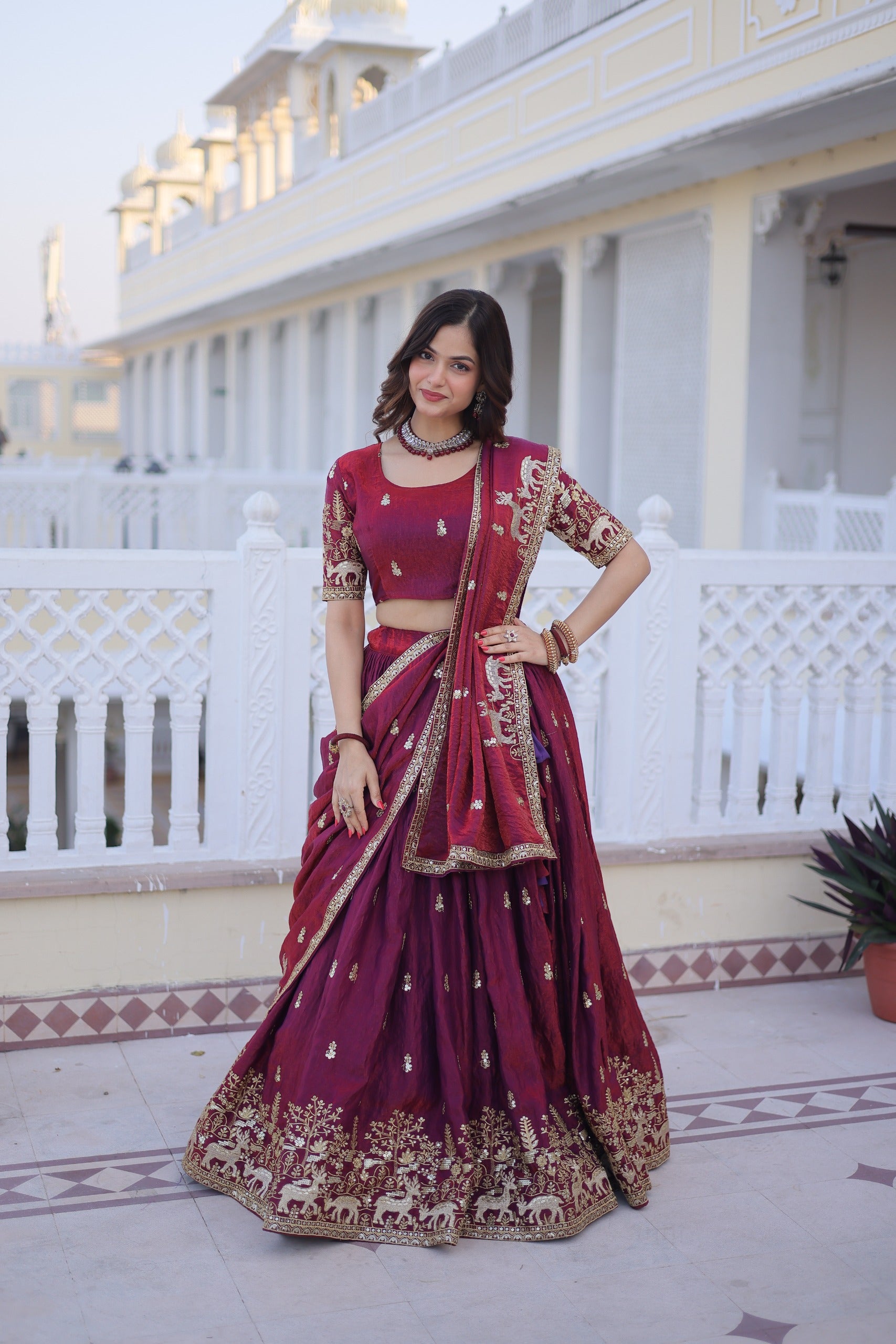 arty wear wine maroon lehenga for women