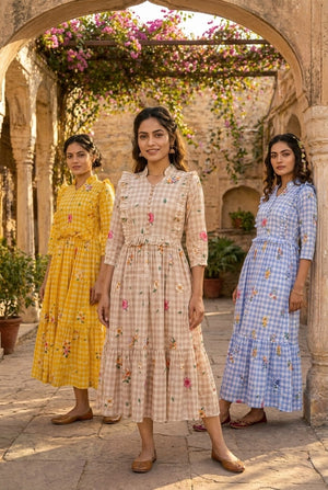 Stylish long kurti in blue brown and yellow colors