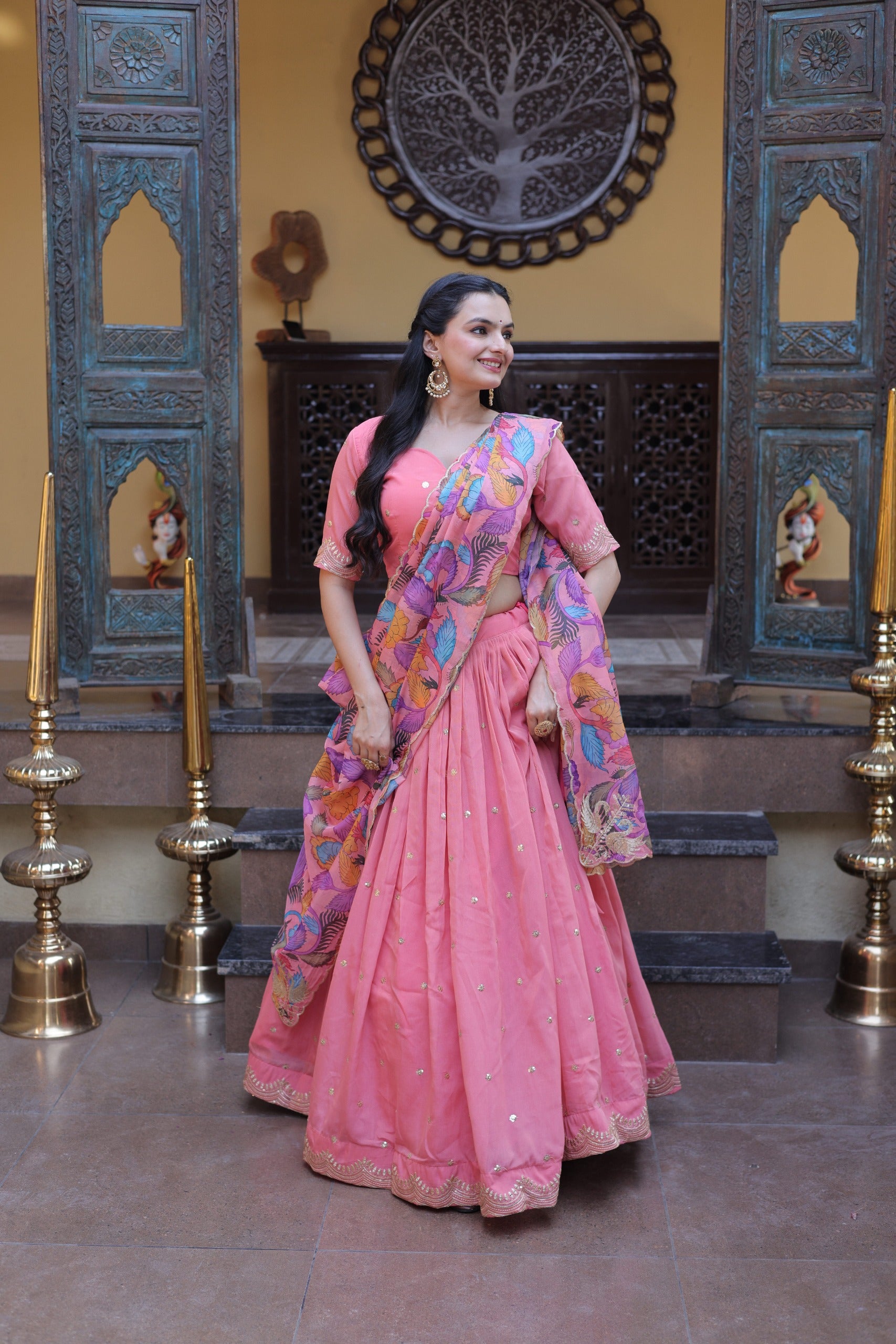 Printed tabby silk dupatta with thread embroidery and lace border