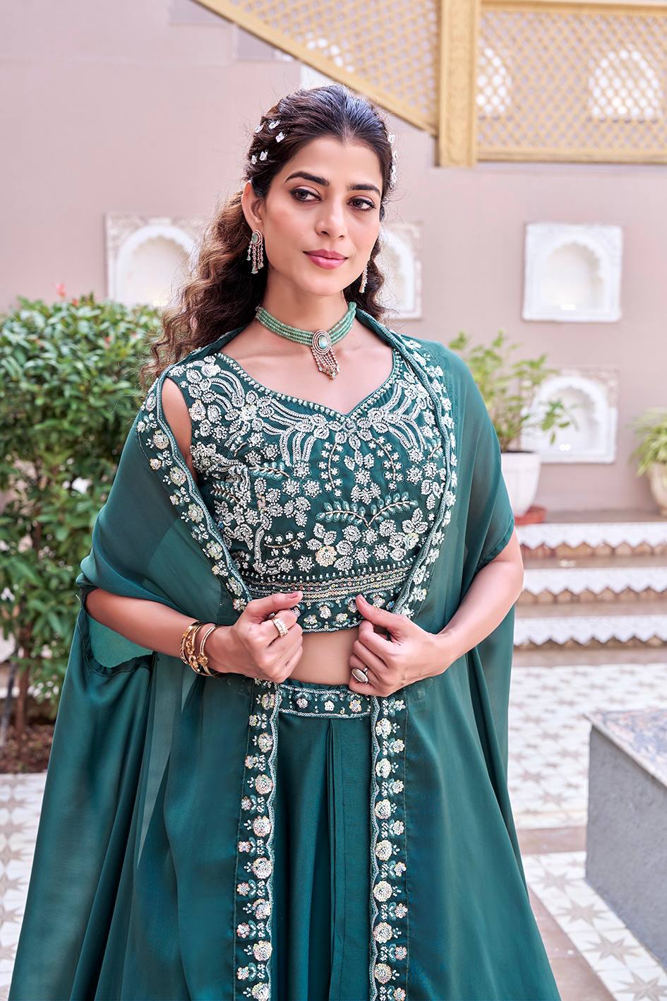 Designer lehenga with shrug dupatta crafted in premium silk fabric for festive look