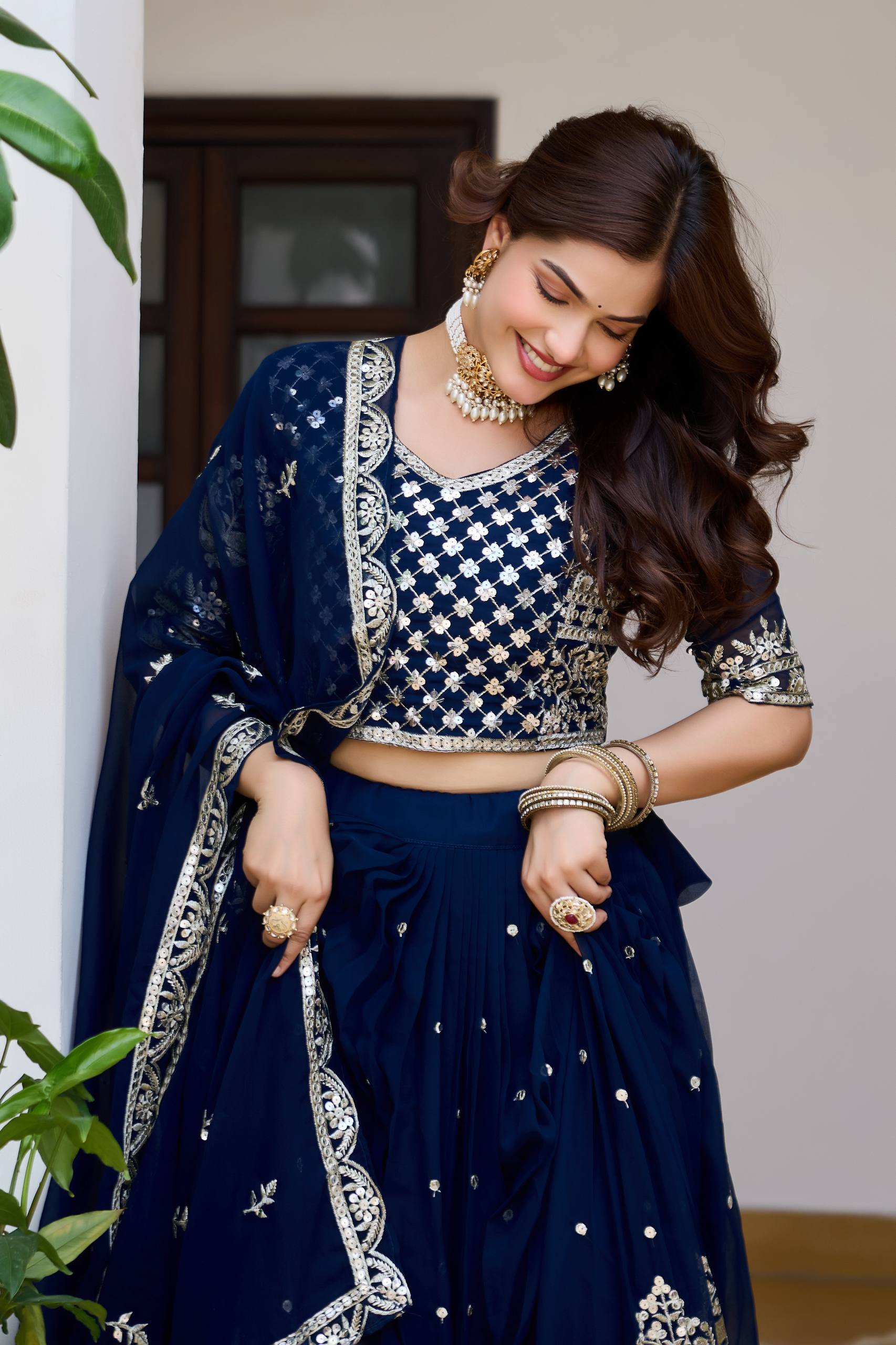 Navy blue ethnic lehenga for engagement functions
