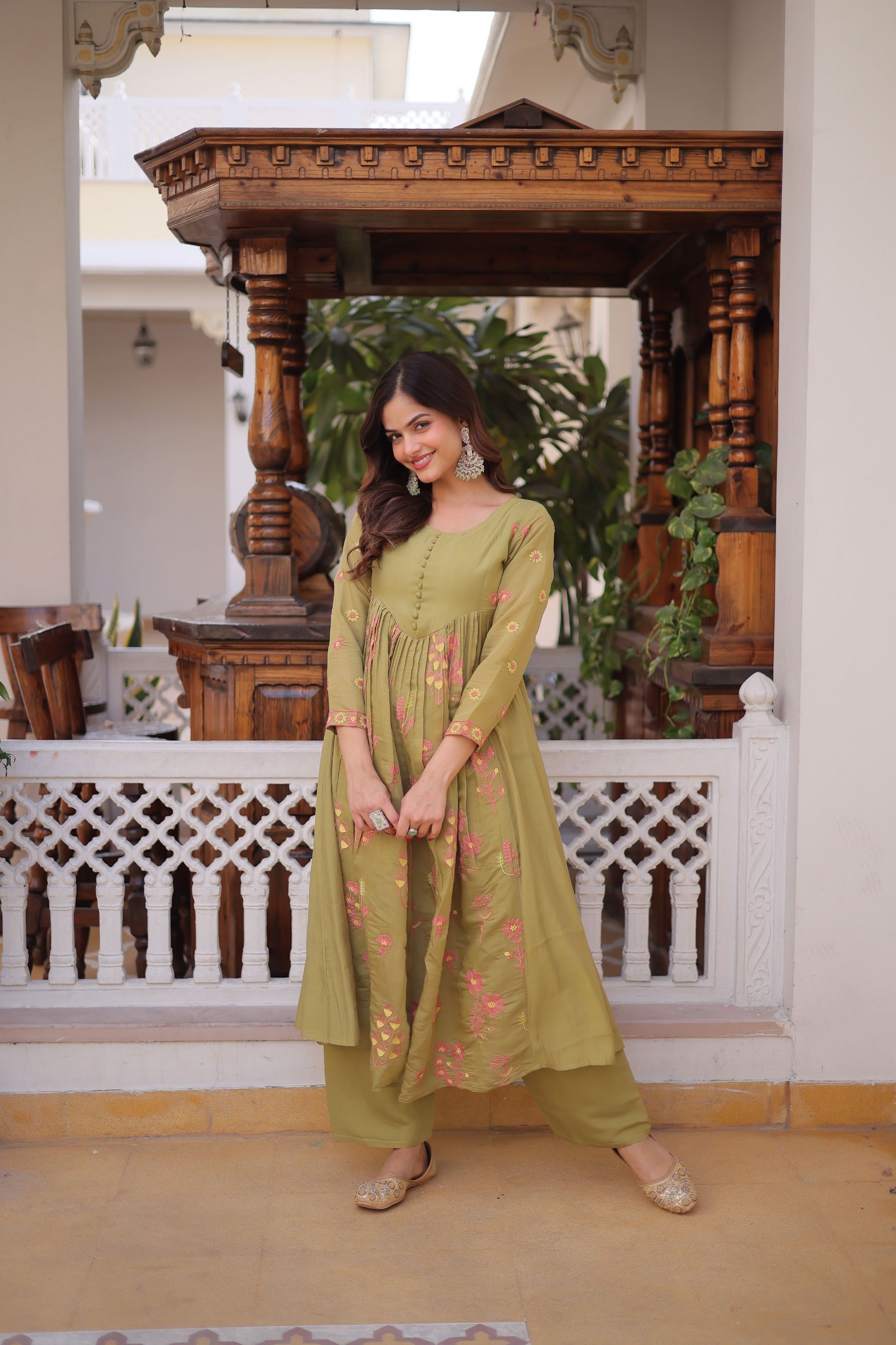olive green embroidered kurti set