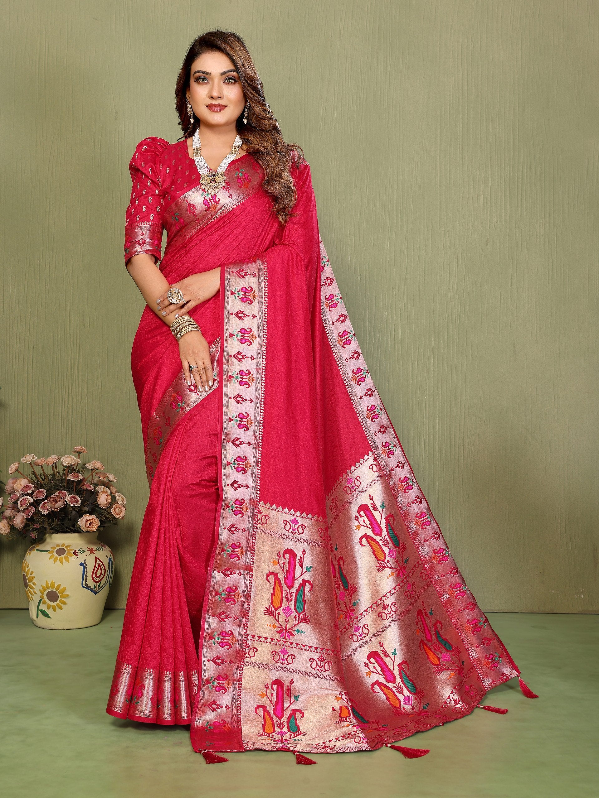 Woman wearing a red saree with white and pink patterns on a green background