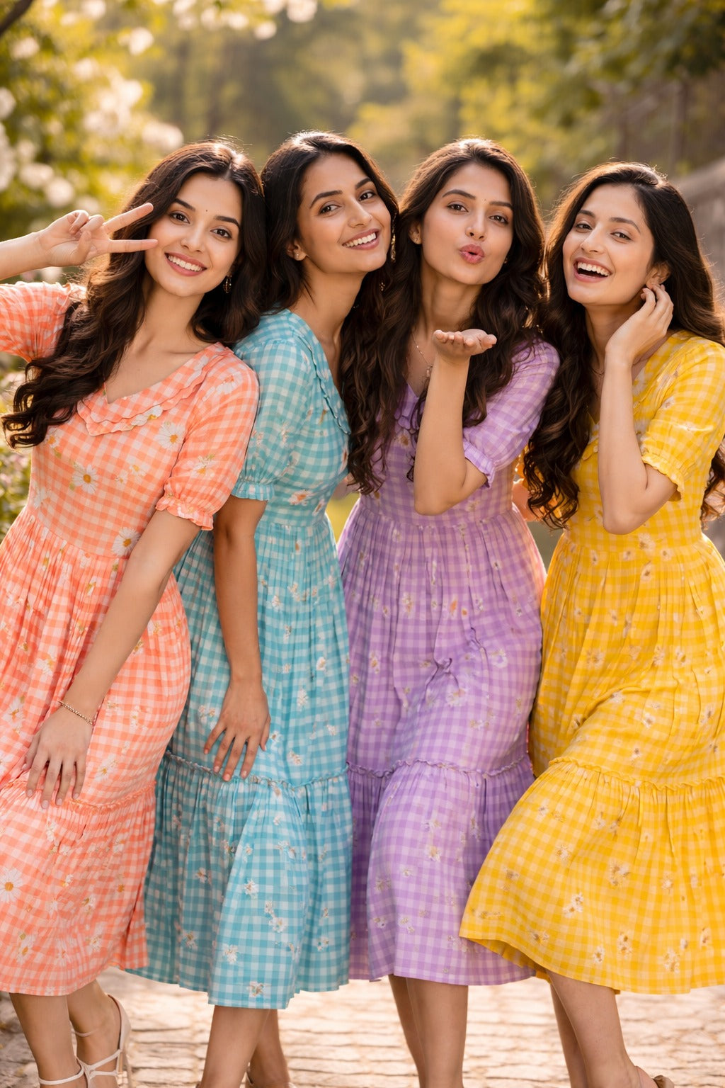 Four women in colorful dresses posing together outdoors.