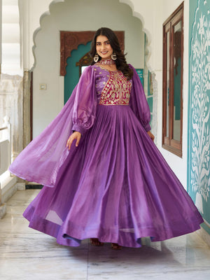 Lavender Fendy silk gown with heavy sequence work