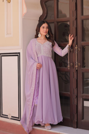 lavender georgette gown with dupatta embroidery