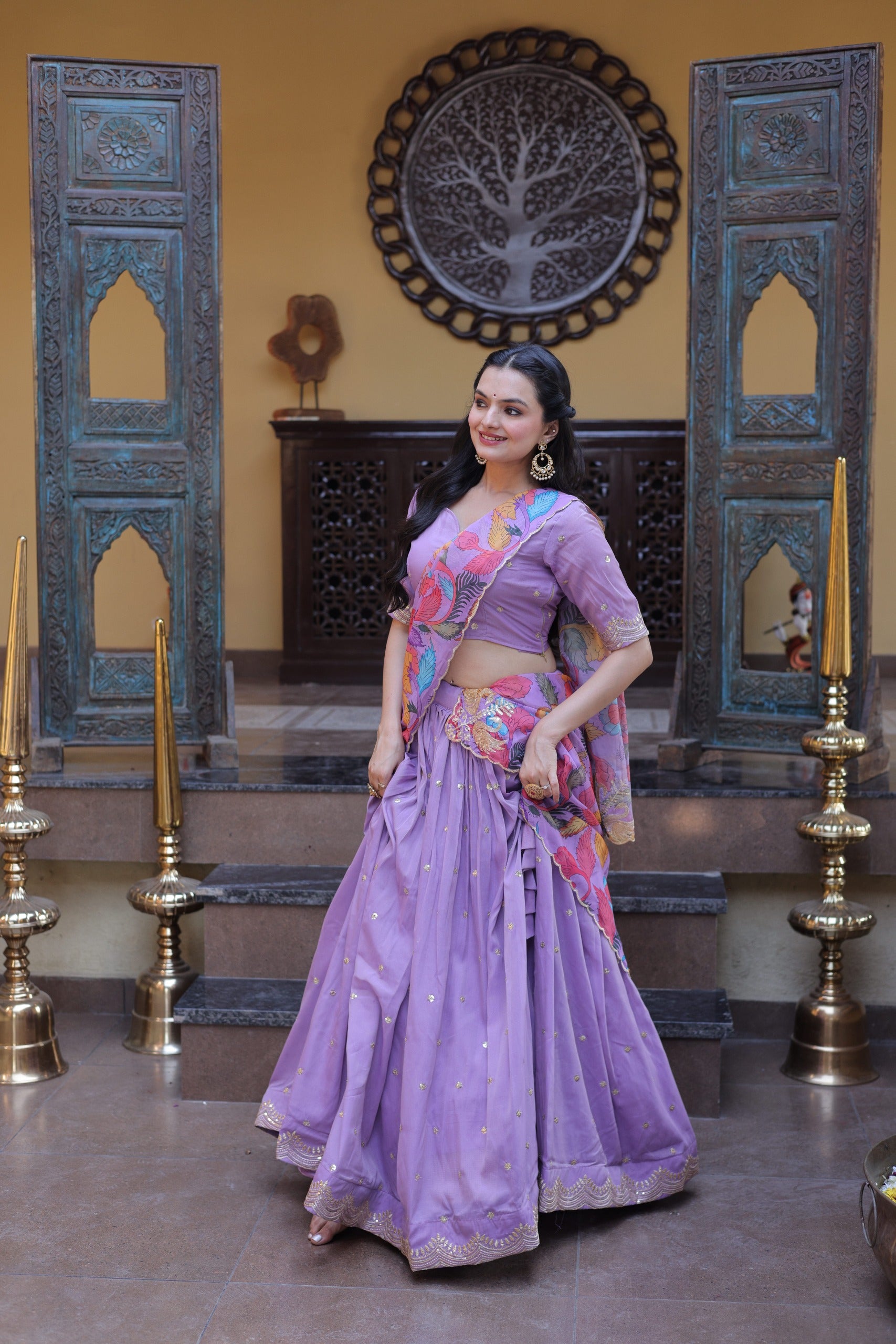 Zari sequins embroidered work on cosmos silk lehenga
