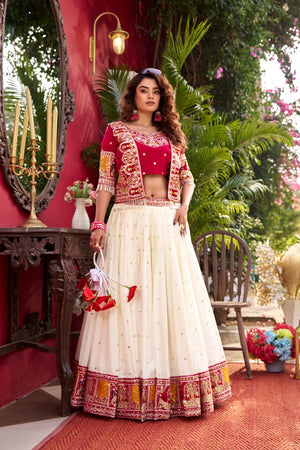 This ethnic lehenga choli with koti is perfect for festive celebrations, designed with intricate thread embroidery on soft Vichitra fabric for a classy appearance.