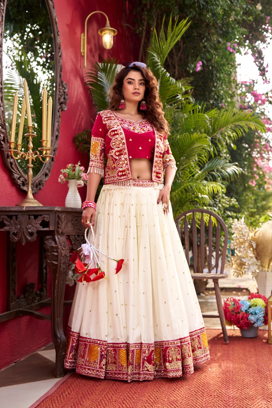 This ethnic lehenga choli with koti is perfect for festive celebrations, designed with intricate thread embroidery on soft Vichitra fabric for a classy appearance.