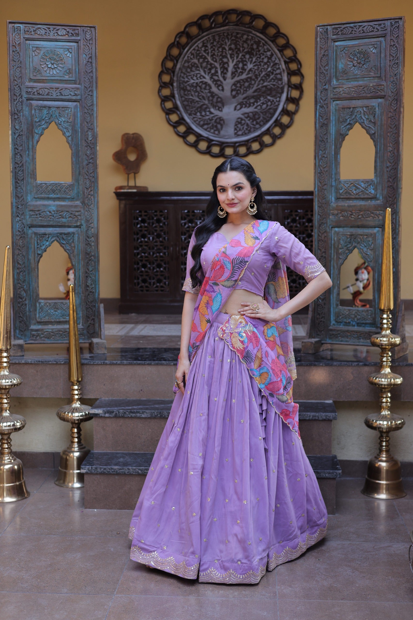 Unstitched blouse fabric with sequins embroidery for lehenga