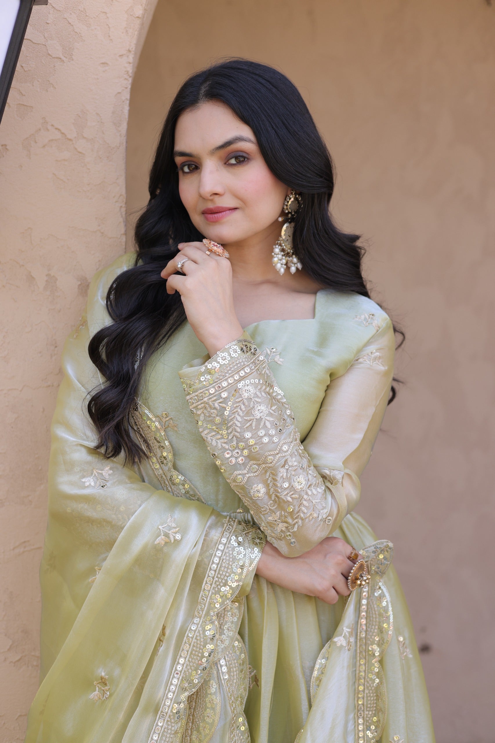 Pista Green Designer Gown Set for Women