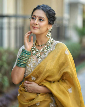 Mustard gold silk saree with zari work