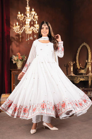 Full sleeve embroidered White Anarkali outfit for weddings and parties