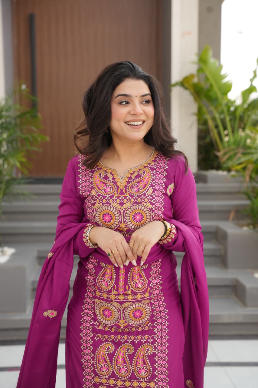 Party wear embroidered kurta pant dupatta set