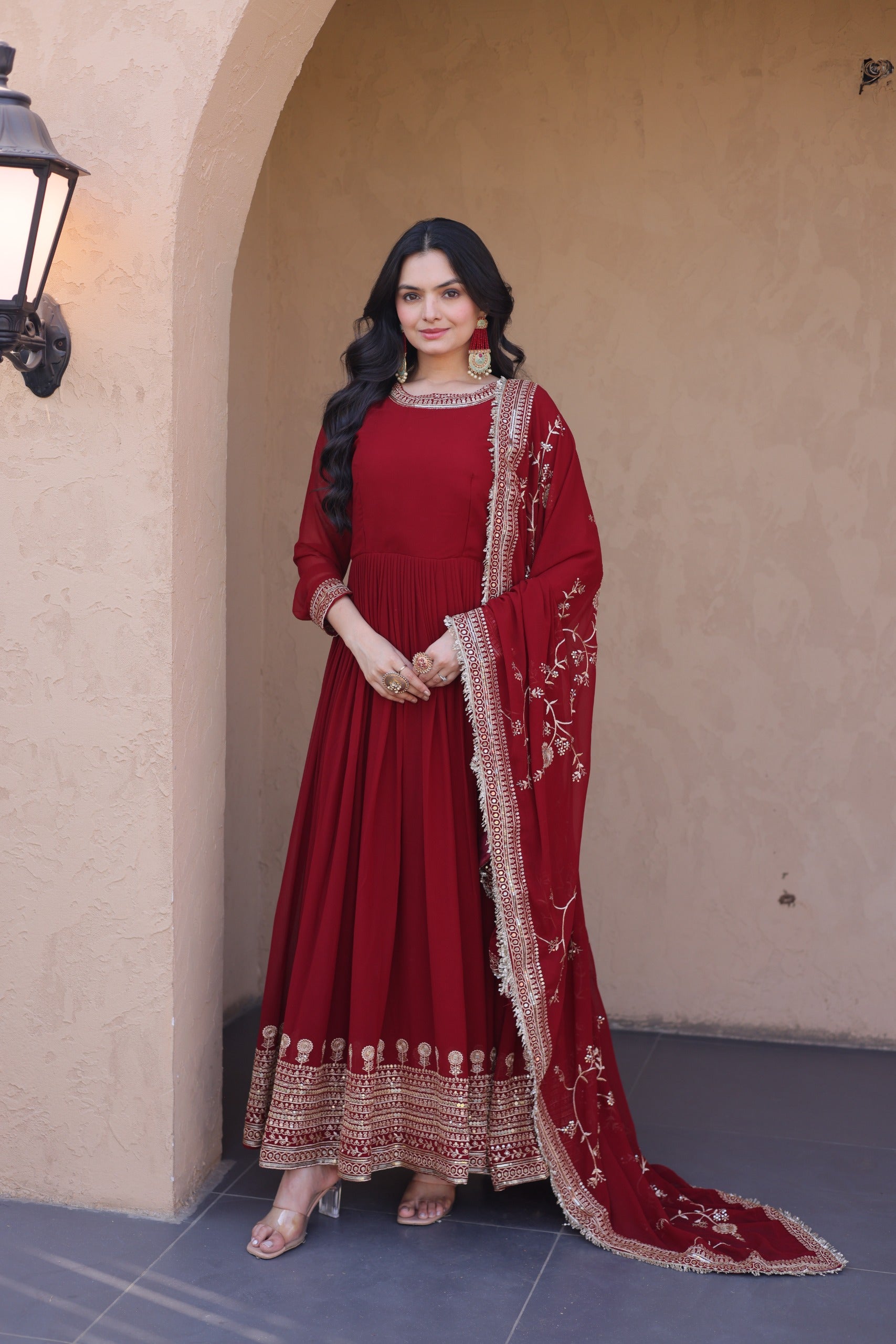 Wedding wear maroon ethnic gown with dupatta