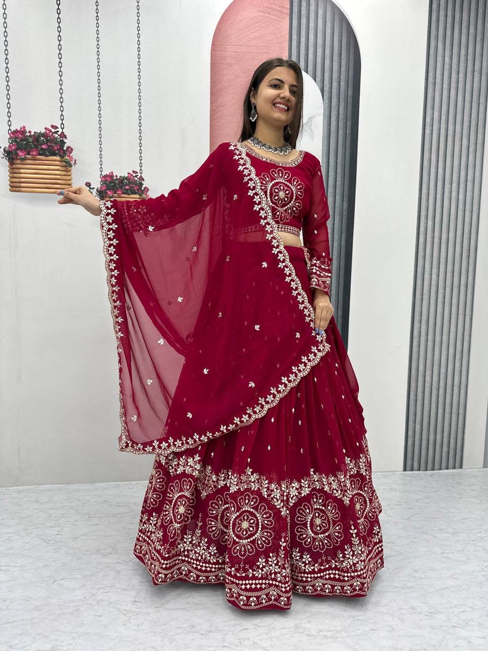 Heavy embroidery on maroon lehenga
