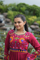 Front view of full-length maroon gamthi gown