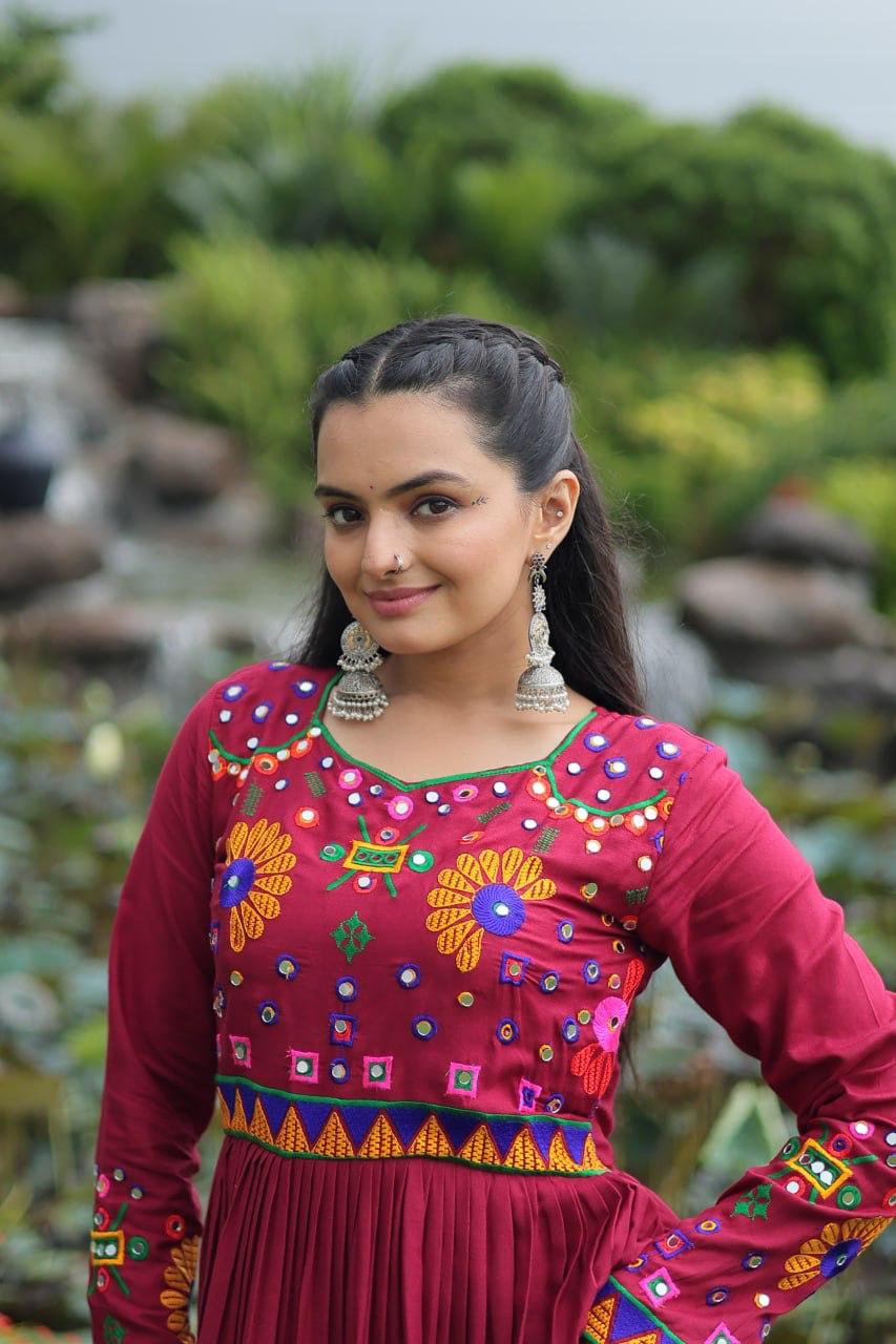 Front view of full-length maroon gamthi gown