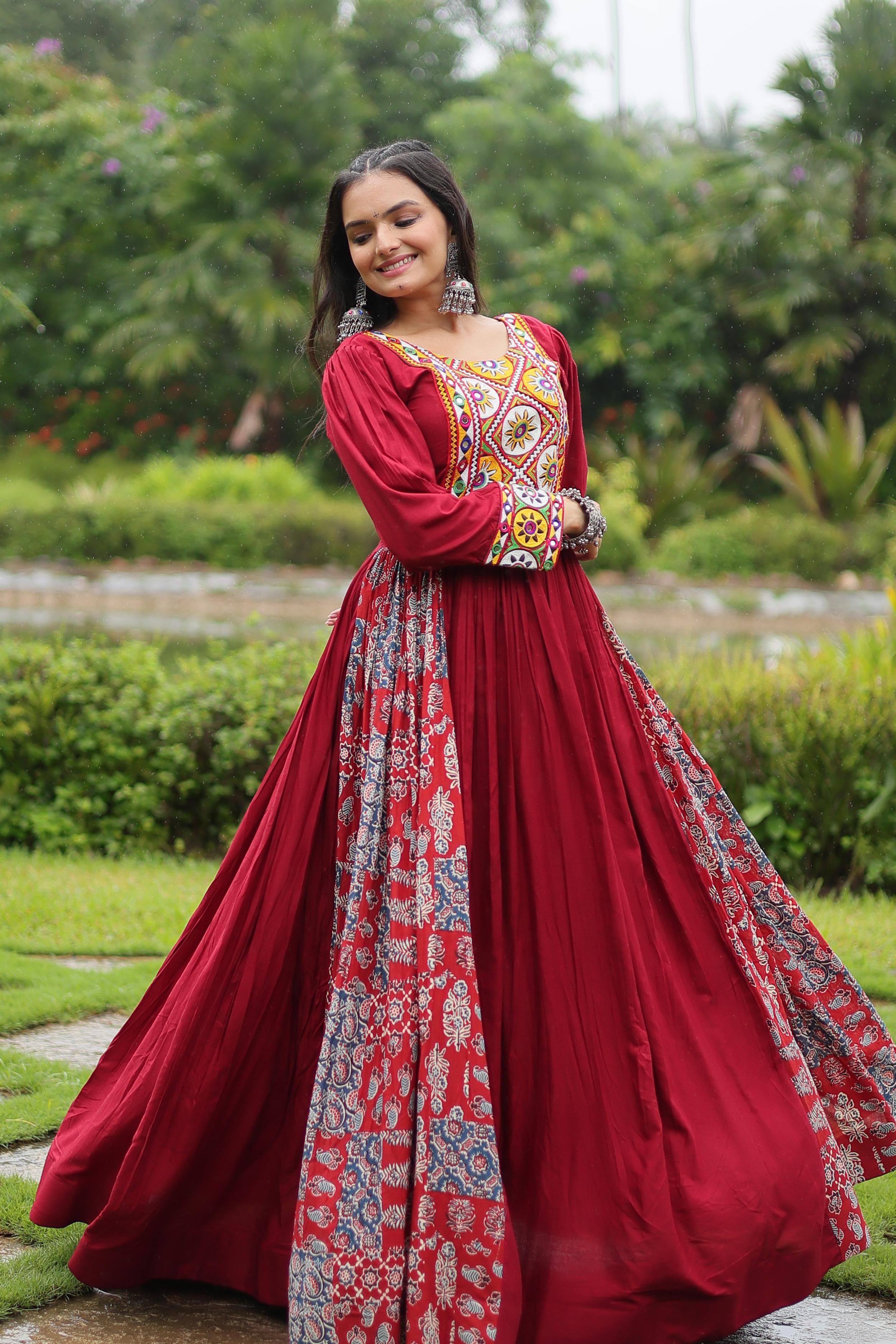 Traditional maroon gown for Garba and festive wear