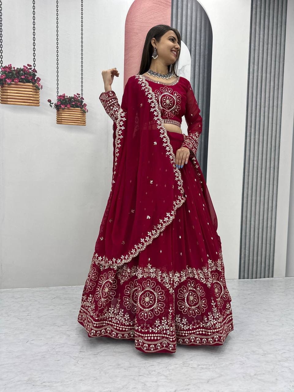 Full stitched maroon choli with sequence work
