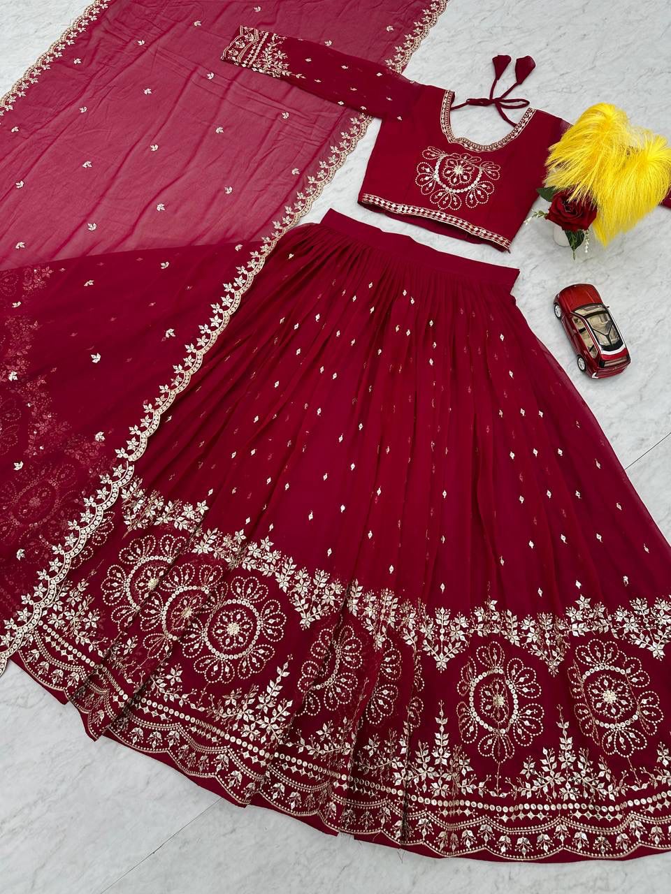 Dupatta embroidery and lace border detail
