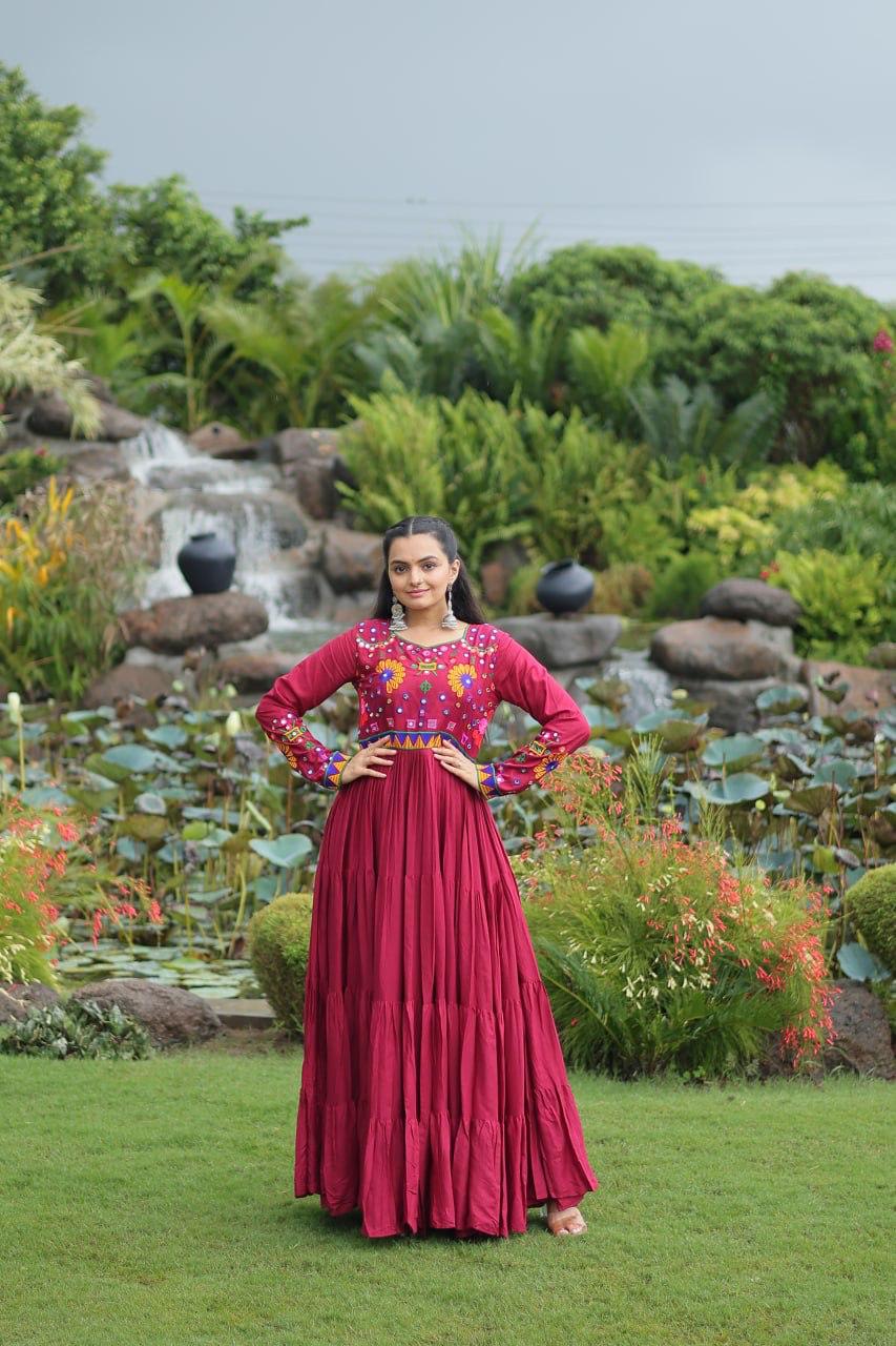 
Front view of full-length maroon gamthi gown