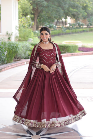 maroon Bridal Vichitra Silk gown with sequins and embroidery detailing