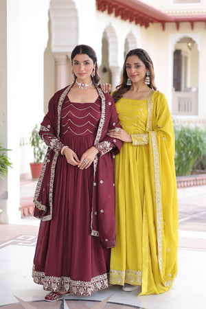 maroon and yellow Stylish Vichitra Silk gown with fancy sequins work for festivals